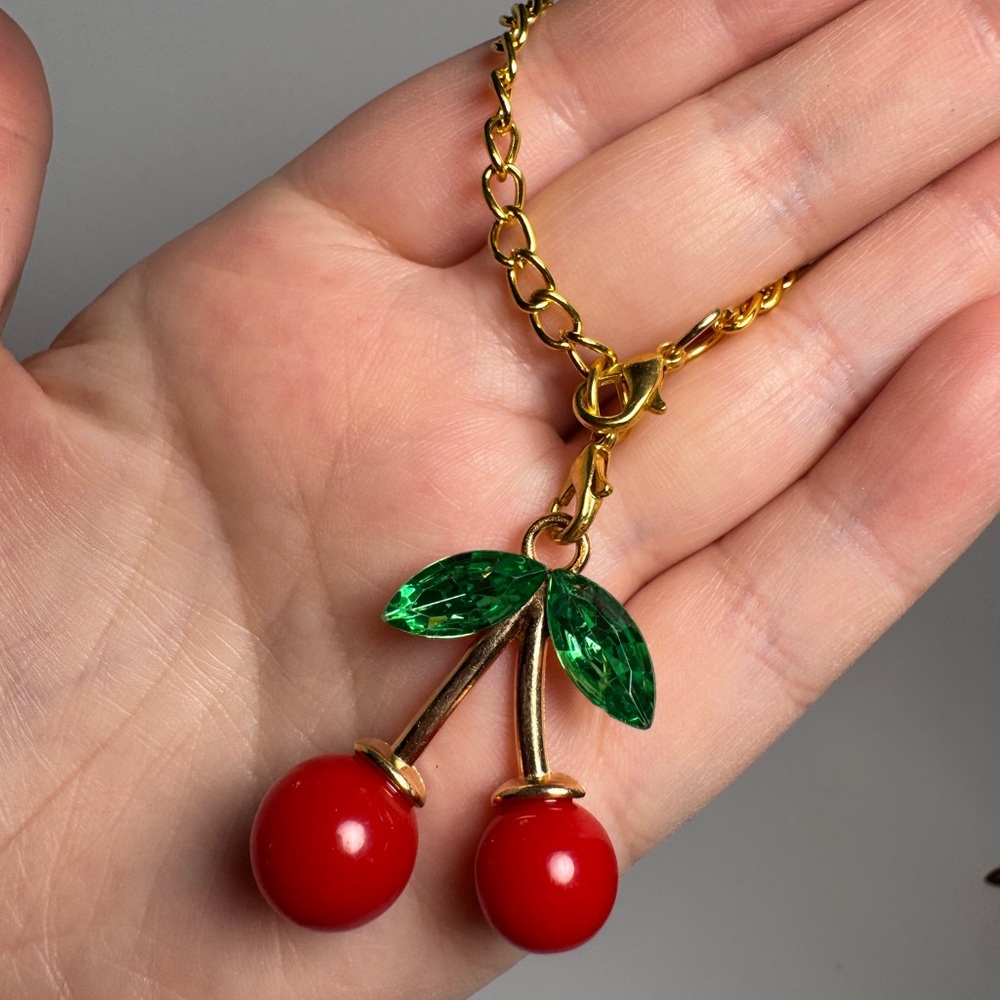 Cherry Bag Charm/Keychain | Red Enamel Fruit with Gold Chain & Green Leaves